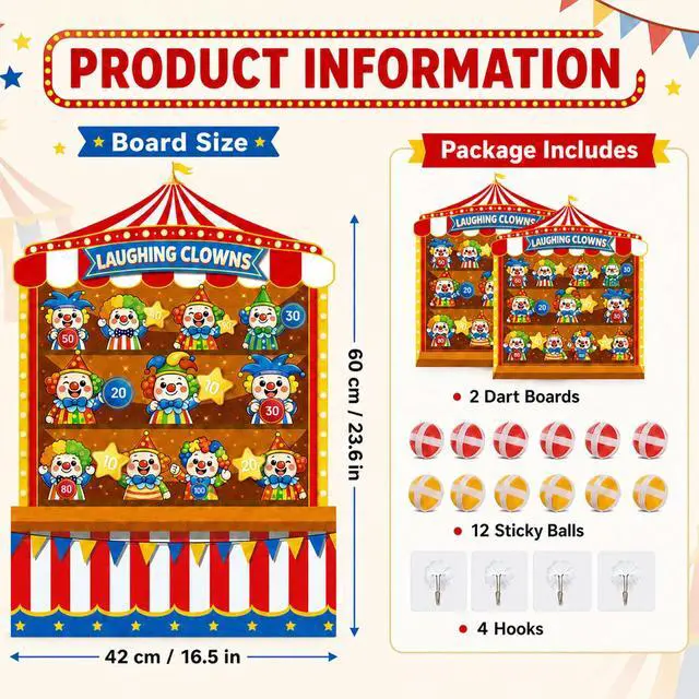 Alt view image 2 of 7 - 2 Pcs Dart Board with 12 Sticky Balls Circus Clown Theme Party Decorations Felt Cloth Toss Game for Family Games Birthday Party Outdoor Indoor Supplies(16.5 x 23.6 inches)