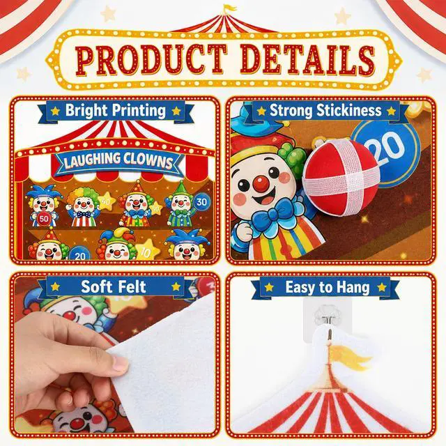 Alt view image 3 of 7 - 2 Pcs Dart Board with 12 Sticky Balls Circus Clown Theme Party Decorations Felt Cloth Toss Game for Family Games Birthday Party Outdoor Indoor Supplies(16.5 x 23.6 inches)