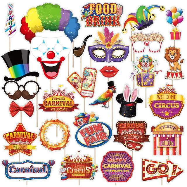 Main image of Carnival Photo Booth Props, Tumwisk 30PCS Carnival Decorations Circus Theme Party Decorations,Funny Circus Theme Celebration Selfie Props - Circus Birthday Backdrop