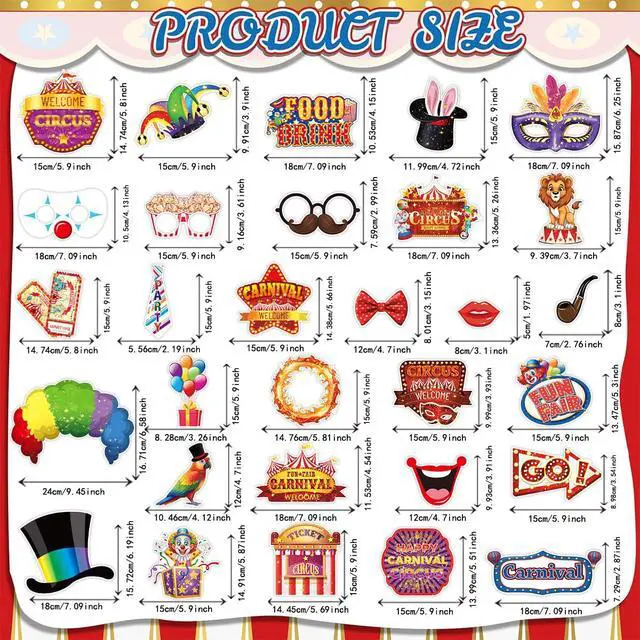 Alt view image 2 of 7 - Carnival Photo Booth Props, Tumwisk 30PCS Carnival Decorations Circus Theme Party Decorations,Funny Circus Theme Celebration Selfie Props - Circus Birthday Backdrop