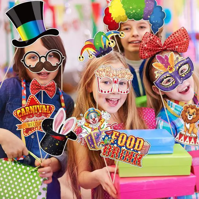 Alt view image 5 of 7 - Carnival Photo Booth Props, Tumwisk 30PCS Carnival Decorations Circus Theme Party Decorations,Funny Circus Theme Celebration Selfie Props - Circus Birthday Backdrop