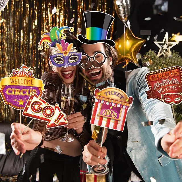 Alt view image 7 of 7 - Carnival Photo Booth Props, Tumwisk 30PCS Carnival Decorations Circus Theme Party Decorations,Funny Circus Theme Celebration Selfie Props - Circus Birthday Backdrop
