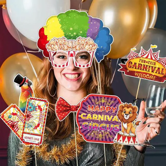 Alt view image 6 of 7 - Carnival Photo Booth Props, Tumwisk 30PCS Carnival Decorations Circus Theme Party Decorations,Funny Circus Theme Celebration Selfie Props - Circus Birthday Backdrop
