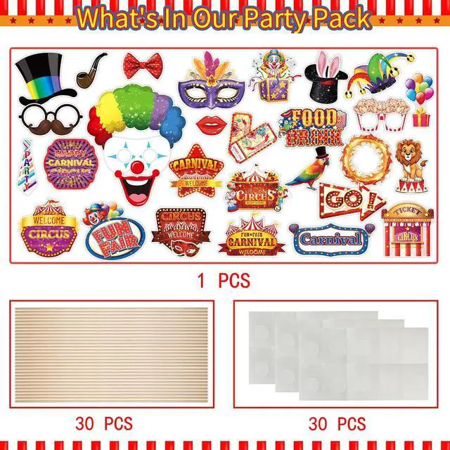 Alt view image 3 of 7 - Carnival Photo Booth Props, Tumwisk 30PCS Carnival Decorations Circus Theme Party Decorations,Funny Circus Theme Celebration Selfie Props - Circus Birthday Backdrop