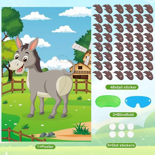 Alt view image 6 of 7 - Pin The Tail On The Donkey Party Game with 48 Pcs Tails Large Farm Donkey Games Poster for Kids Birthday Party Carnival Party Supplies