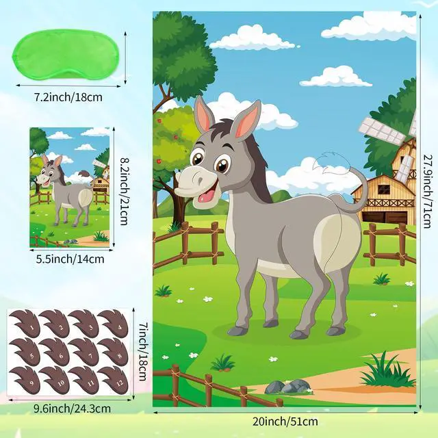Alt view image 2 of 7 - Pin The Tail On The Donkey Party Game with 48 Pcs Tails Large Farm Donkey Games Poster for Kids Birthday Party Carnival Party Supplies
