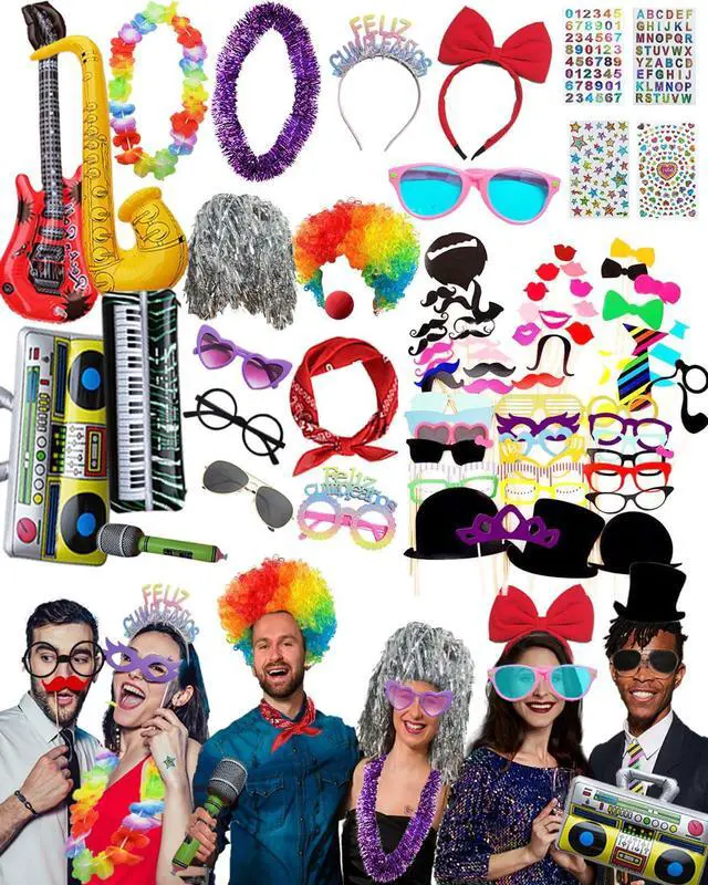 Main image of 80pcs Large Gorgeous Photo Booth Props Set Birthday Party Accessories Kit Includes Clown Wig Foil Tinsel Wig Rock Headband Novelty Funny Glasses Inflatable Prop for Adult Teen Carnival Party Supplies