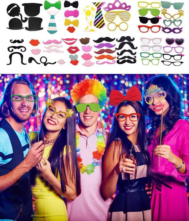 Alt view image 3 of 6 - 80pcs Large Gorgeous Photo Booth Props Set Birthday Party Accessories Kit Includes Clown Wig Foil Tinsel Wig Rock Headband Novelty Funny Glasses Inflatable Prop for Adult Teen Carnival Party Supplies
