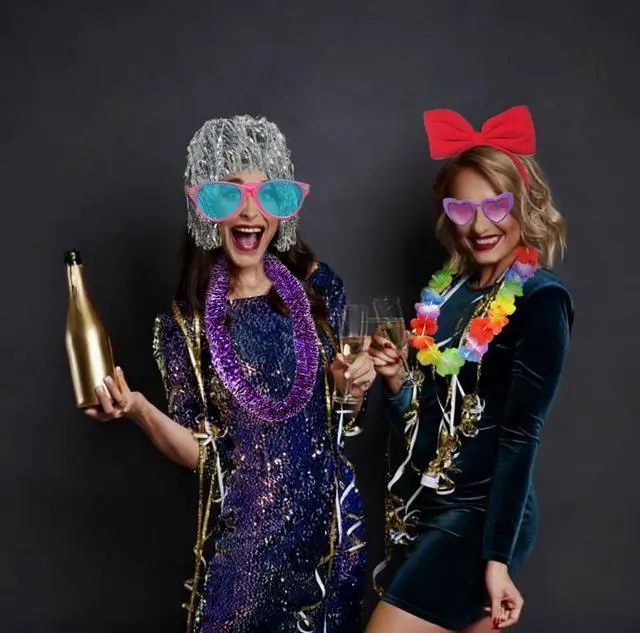 Alt view image 5 of 6 - 80pcs Large Gorgeous Photo Booth Props Set Birthday Party Accessories Kit Includes Clown Wig Foil Tinsel Wig Rock Headband Novelty Funny Glasses Inflatable Prop for Adult Teen Carnival Party Supplies