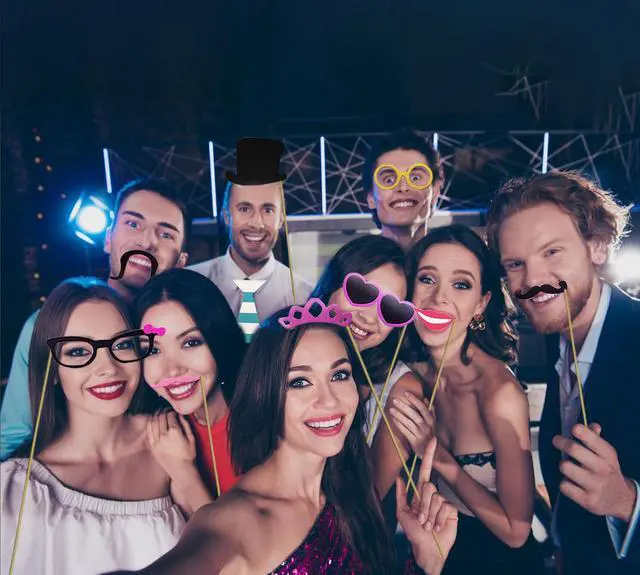 Alt view image 6 of 6 - 80pcs Large Gorgeous Photo Booth Props Set Birthday Party Accessories Kit Includes Clown Wig Foil Tinsel Wig Rock Headband Novelty Funny Glasses Inflatable Prop for Adult Teen Carnival Party Supplies