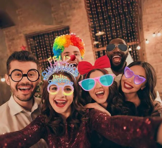 Alt view image 4 of 6 - 80pcs Large Gorgeous Photo Booth Props Set Birthday Party Accessories Kit Includes Clown Wig Foil Tinsel Wig Rock Headband Novelty Funny Glasses Inflatable Prop for Adult Teen Carnival Party Supplies