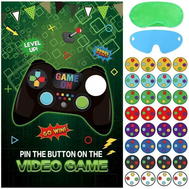 Main image of Pin The Button on The Video Game Party Game - 32 Button Stickers, Large Poster - Birthday Party Decoration for Kids