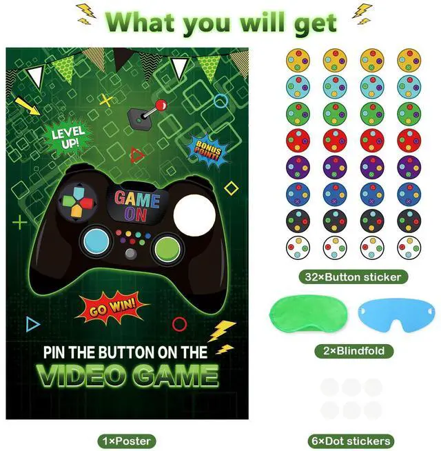 Alt view image 2 of 7 - Pin The Button on The Video Game Party Game - 32 Button Stickers, Large Poster - Birthday Party Decoration for Kids