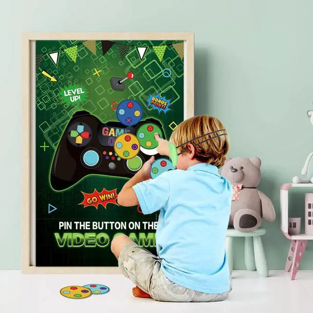 Alt view image 4 of 7 - Pin The Button on The Video Game Party Game - 32 Button Stickers, Large Poster - Birthday Party Decoration for Kids