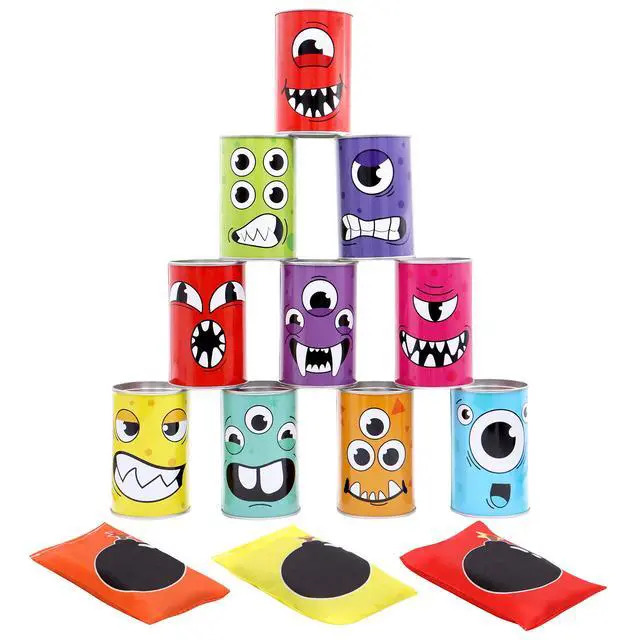 Alt view image 2 of 7 - 13 Pcs Carnival Bean Bag Toss, Knockdown Can Game Set, Holiday & Birthday Party Games, Outdoor Lawn Yard Activity for Kids Party Favors, Easter Egg Hunt for Classroom Gifts (Monster Style)