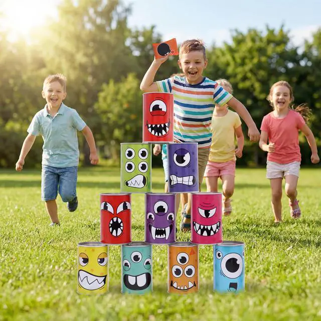 Alt view image 7 of 7 - 13 Pcs Carnival Bean Bag Toss, Knockdown Can Game Set, Holiday & Birthday Party Games, Outdoor Lawn Yard Activity for Kids Party Favors, Easter Egg Hunt for Classroom Gifts (Monster Style)