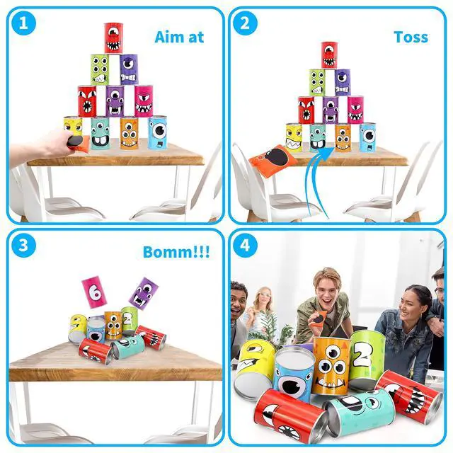 Alt view image 5 of 7 - 13 Pcs Carnival Bean Bag Toss, Knockdown Can Game Set, Holiday & Birthday Party Games, Outdoor Lawn Yard Activity for Kids Party Favors, Easter Egg Hunt for Classroom Gifts (Monster Style)