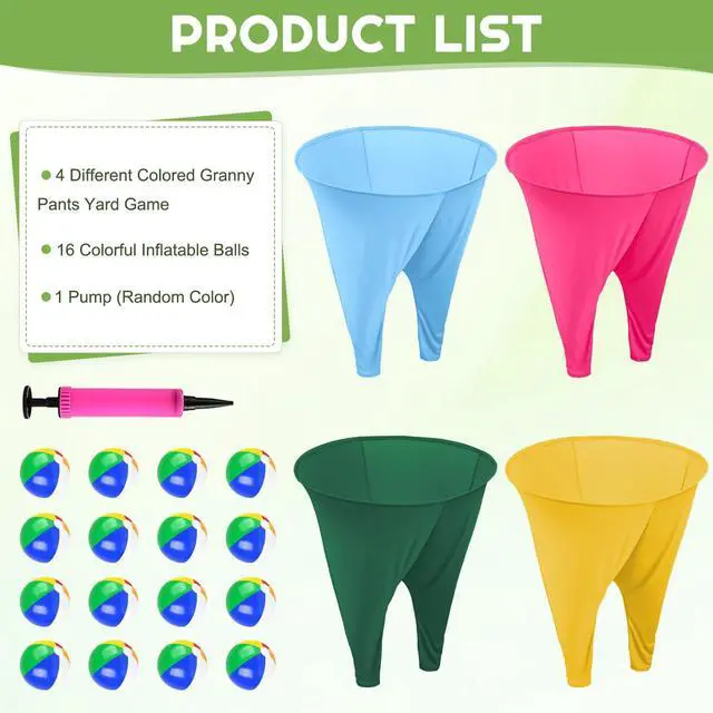 Alt view image 3 of 7 - Grandma Pants Outdoor Game 4 PCS Fun Party Game Pants with 16 Bouncy Balls and 1 Air Pump (Random Colors) Granny Pants Outdoor Games for Adults and Family Entertainment Group Activities