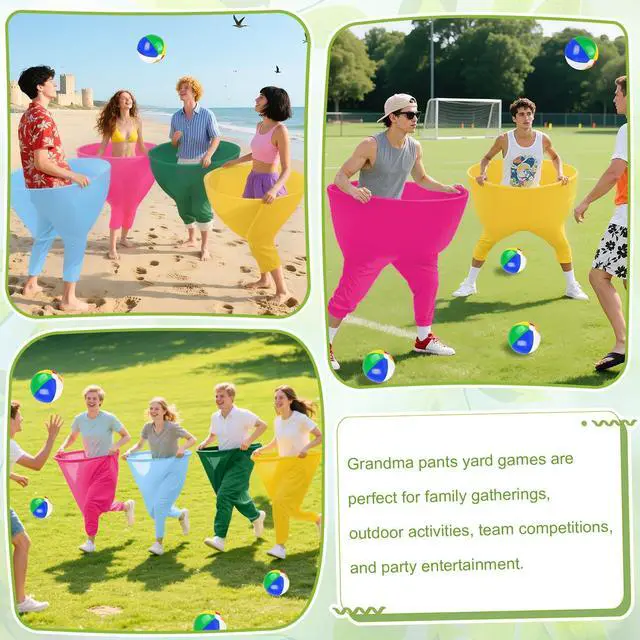 Alt view image 7 of 7 - Grandma Pants Outdoor Game 4 PCS Fun Party Game Pants with 16 Bouncy Balls and 1 Air Pump (Random Colors) Granny Pants Outdoor Games for Adults and Family Entertainment Group Activities