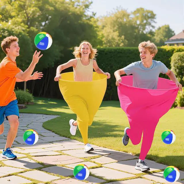 Alt view image 6 of 7 - Grandma Pants Outdoor Game 4 PCS Fun Party Game Pants with 16 Bouncy Balls and 1 Air Pump (Random Colors) Granny Pants Outdoor Games for Adults and Family Entertainment Group Activities