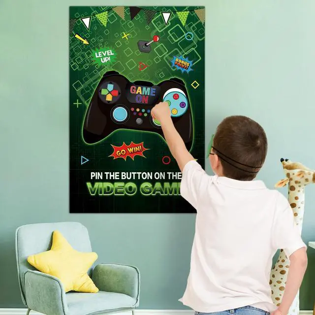 Alt view image 6 of 7 - Pin the Button on the Video Games with 32PCS Stickers 20 X 28 Large Video Games Poster for Kids Wall Home Room Boys Birthday Party Decorations Supplies