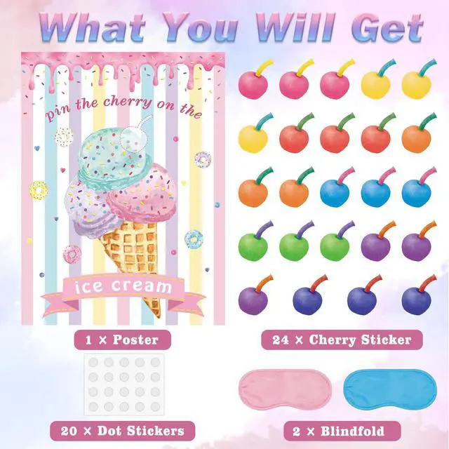 Alt view image 2 of 7 - Pin The Cherry on The Ice Cream Game with 24 PCS Cherry Stickers Games Poster for Kids Girls Birthday 21'' x 28''