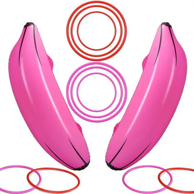 Main image of 8 Pcs 8 Pcs Inflatable Banana Ring Toss Adult Include 2 Pieces 26" Banana with 6 Pieces Plastic Toss Rings for Bridal Shower Decorations for Engagement Adult Party Swimming Pool (Pink)