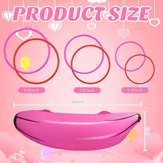 Alt view image 2 of 5 - 8 Pcs 8 Pcs Inflatable Banana Ring Toss Adult Include 2 Pieces 26" Banana with 6 Pieces Plastic Toss Rings for Bridal Shower Decorations for Engagement Adult Party Swimming Pool (Pink)