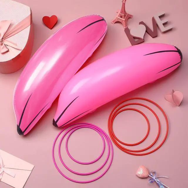 Alt view image 4 of 5 - 8 Pcs 8 Pcs Inflatable Banana Ring Toss Adult Include 2 Pieces 26" Banana with 6 Pieces Plastic Toss Rings for Bridal Shower Decorations for Engagement Adult Party Swimming Pool (Pink)