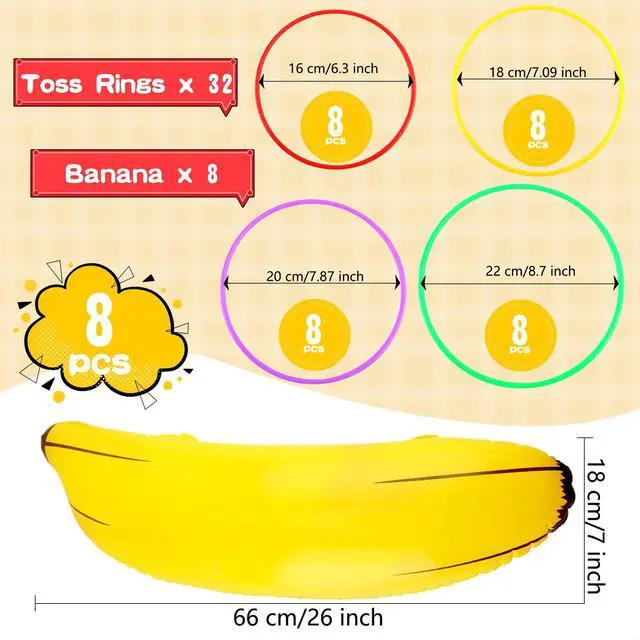 Alt view image 2 of 7 - 8 Set Inflatable Banana Ring Toss Game 8 Pcs Blow Up Banana Props 32 Pcs Plastic Toss Ring for Bachelorette Party Games Bridal Shower Summer Pool Beach Activities