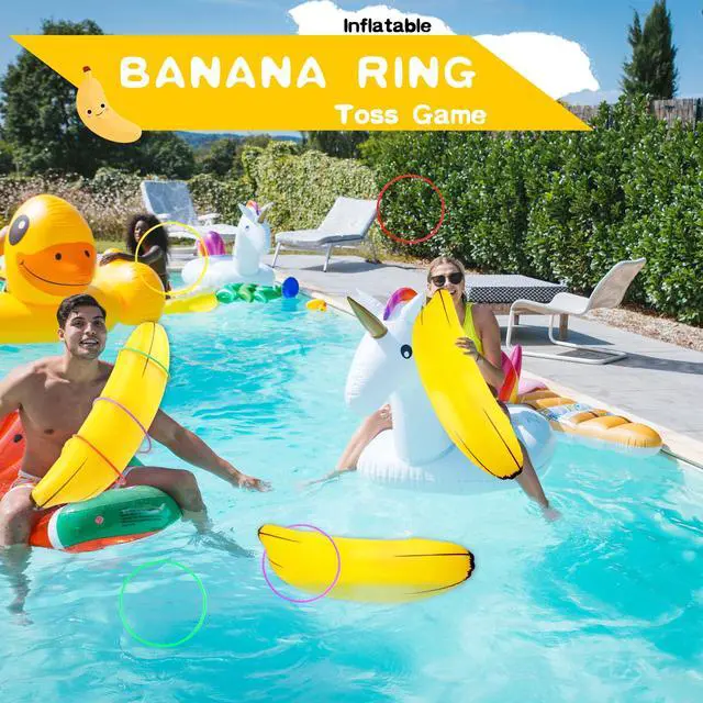 Alt view image 3 of 7 - 8 Set Inflatable Banana Ring Toss Game 8 Pcs Blow Up Banana Props 32 Pcs Plastic Toss Ring for Bachelorette Party Games Bridal Shower Summer Pool Beach Activities