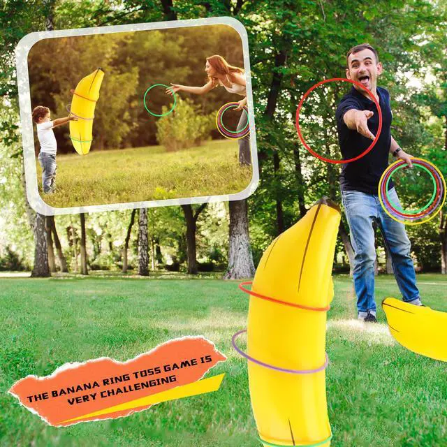 Alt view image 4 of 7 - 8 Set Inflatable Banana Ring Toss Game 8 Pcs Blow Up Banana Props 32 Pcs Plastic Toss Ring for Bachelorette Party Games Bridal Shower Summer Pool Beach Activities