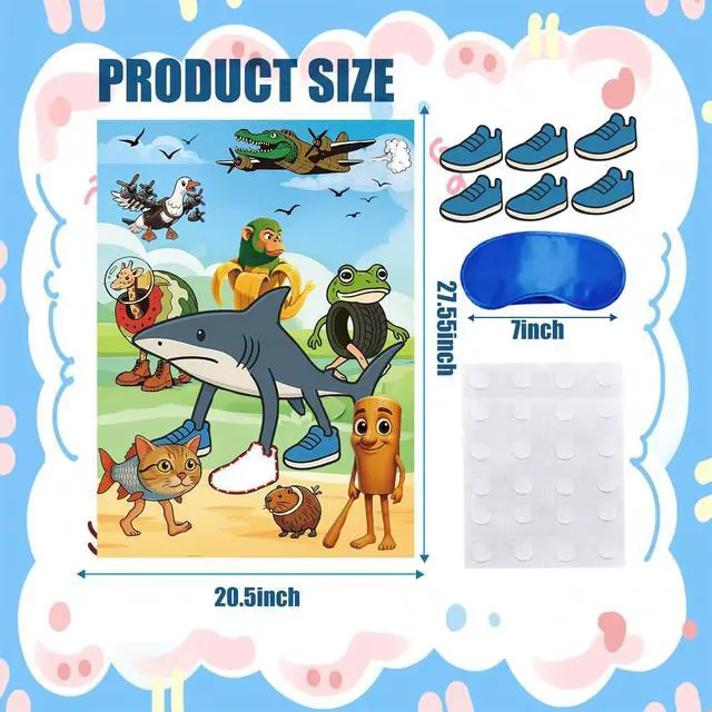 Alt view image 2 of 6 - Italian Brainrot Games Pin the Stick Party Game Set, 27.75x20.07 Inch Poster with 24 Stickers and 2 Blindfolds, Kids Birthday Carnival Party Supplies(Shark)