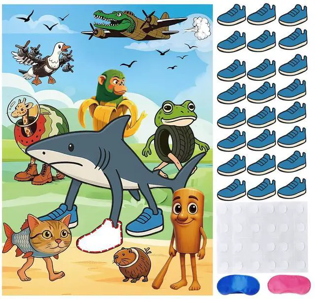 Main image of Italian Brainrot Games Pin the Stick Party Game Set, 27.75x20.07 Inch Poster with 24 Stickers and 2 Blindfolds, Kids Birthday Carnival Party Supplies(Shark)
