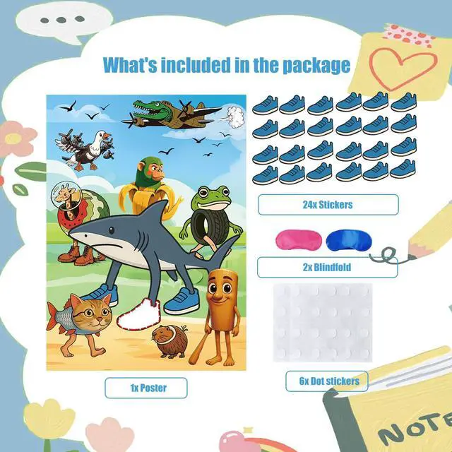 Alt view image 3 of 6 - Italian Brainrot Games Pin the Stick Party Game Set, 27.75x20.07 Inch Poster with 24 Stickers and 2 Blindfolds, Kids Birthday Carnival Party Supplies(Shark)
