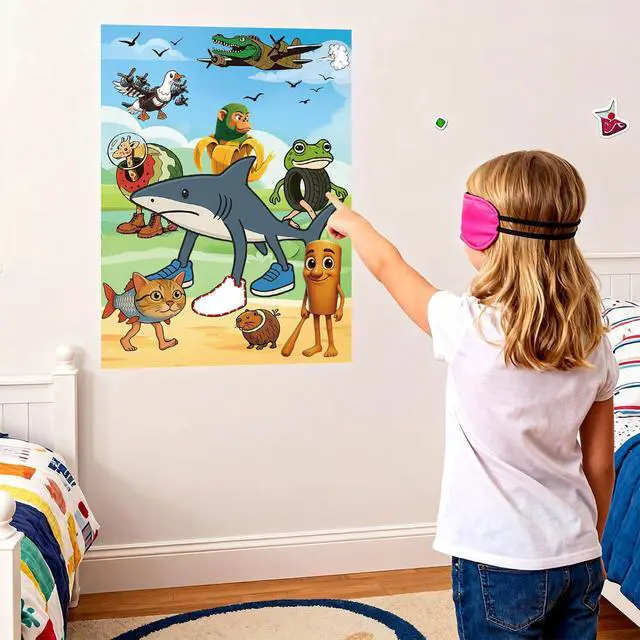 Alt view image 4 of 6 - Italian Brainrot Games Pin the Stick Party Game Set, 27.75x20.07 Inch Poster with 24 Stickers and 2 Blindfolds, Kids Birthday Carnival Party Supplies(Shark)