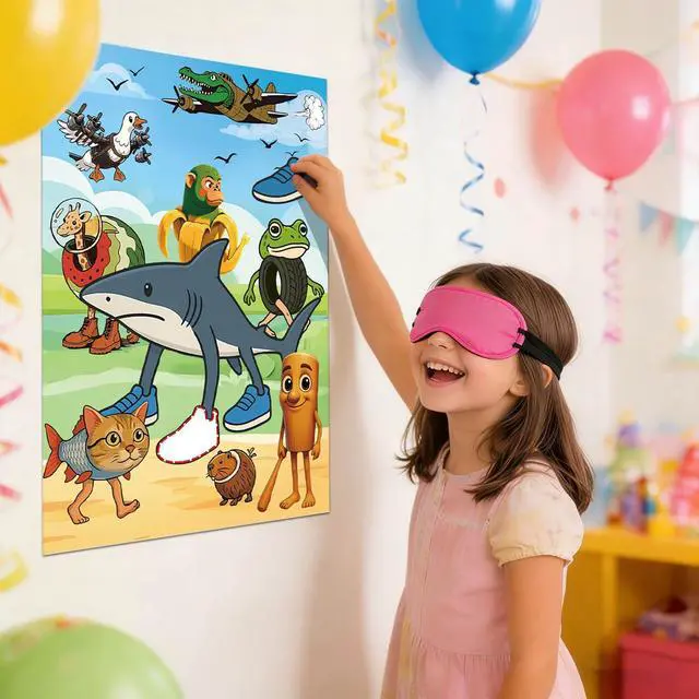 Alt view image 5 of 6 - Italian Brainrot Games Pin the Stick Party Game Set, 27.75x20.07 Inch Poster with 24 Stickers and 2 Blindfolds, Kids Birthday Carnival Party Supplies(Shark)