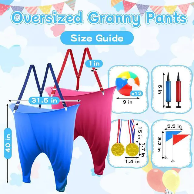 Alt view image 2 of 7 - Granny Pants Yard Game, Oversized Granny Pants Outdoor Games Party Set with 12 Rainbow Bouncy Balls, Pump, Shoulder Straps, Flag and Medals, Fun Tossing Game Props for Adults Birthday, Family Reunion