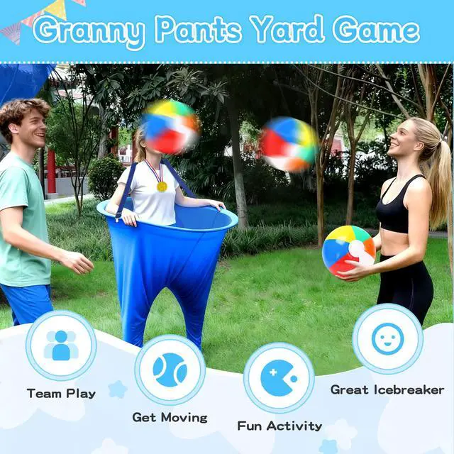 Alt view image 4 of 7 - Granny Pants Yard Game, Oversized Granny Pants Outdoor Games Party Set with 12 Rainbow Bouncy Balls, Pump, Shoulder Straps, Flag and Medals, Fun Tossing Game Props for Adults Birthday, Family Reunion