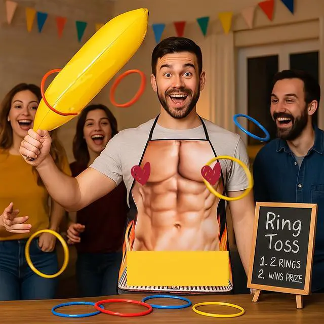 Alt view image 4 of 6 - Bachelorette & Bachelor Party Ring Toss Game Set-Fun Wearable Group Game for Single Parties & Engagement Celebrations - Includes 2 Thematic Aprons, Inflatable Props, 12 Rings & Hand Pump