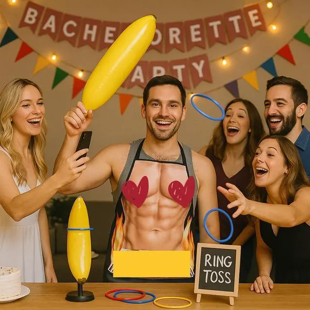 Alt view image 6 of 6 - Bachelorette & Bachelor Party Ring Toss Game Set-Fun Wearable Group Game for Single Parties & Engagement Celebrations - Includes 2 Thematic Aprons, Inflatable Props, 12 Rings & Hand Pump
