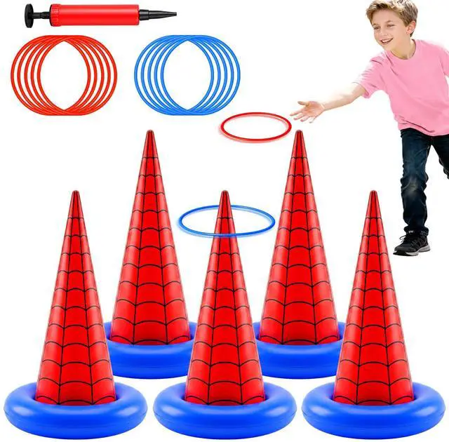 Main image of 16 Pcs Spider Theme Inflatable Ring Toss Game Set Includes 5 Inflatable Cones 10 Plastic Rings and 1 Pump Spider Birthday Party Toss Game for Indoor Outdoor Lawn Yard Garden Party Supplies