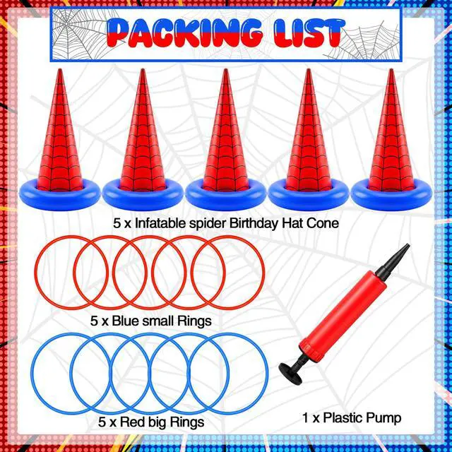 Alt view image 2 of 7 - 16 Pcs Spider Theme Inflatable Ring Toss Game Set Includes 5 Inflatable Cones 10 Plastic Rings and 1 Pump Spider Birthday Party Toss Game for Indoor Outdoor Lawn Yard Garden Party Supplies