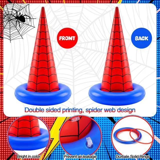 Alt view image 3 of 7 - 16 Pcs Spider Theme Inflatable Ring Toss Game Set Includes 5 Inflatable Cones 10 Plastic Rings and 1 Pump Spider Birthday Party Toss Game for Indoor Outdoor Lawn Yard Garden Party Supplies