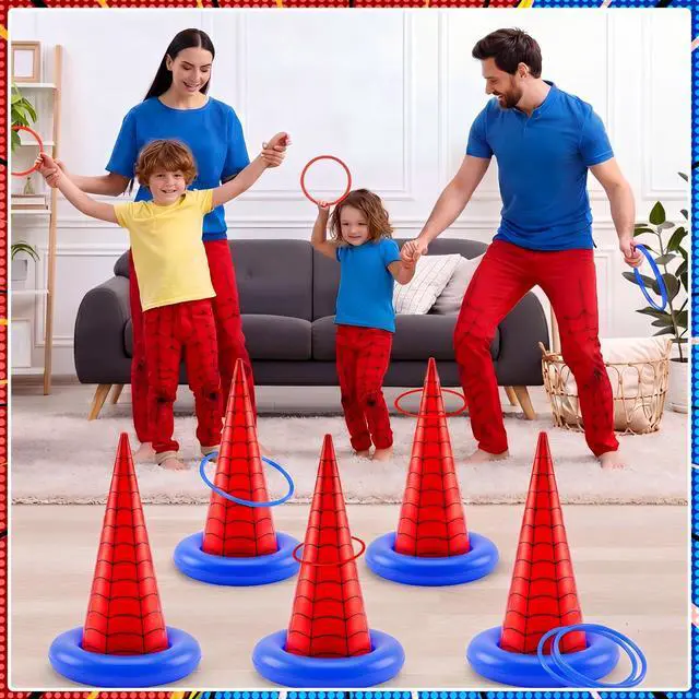Alt view image 5 of 7 - 16 Pcs Spider Theme Inflatable Ring Toss Game Set Includes 5 Inflatable Cones 10 Plastic Rings and 1 Pump Spider Birthday Party Toss Game for Indoor Outdoor Lawn Yard Garden Party Supplies