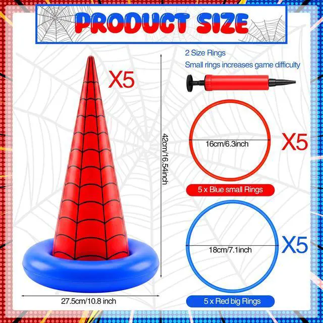 Alt view image 7 of 7 - 16 Pcs Spider Theme Inflatable Ring Toss Game Set Includes 5 Inflatable Cones 10 Plastic Rings and 1 Pump Spider Birthday Party Toss Game for Indoor Outdoor Lawn Yard Garden Party Supplies