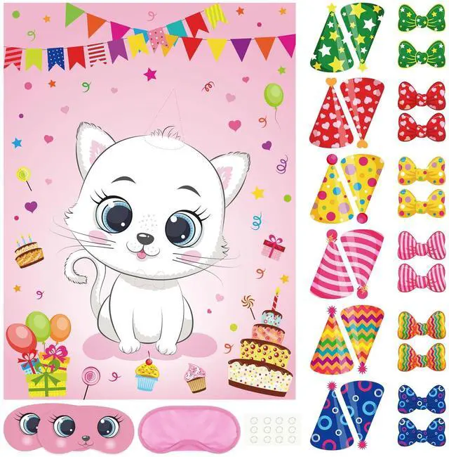 Main image of Cat Party Game for Kids Pin The Hat Bow Tie on The Cat Birthday Game Poster for Boy Girl Birthday Summer Party Favors Wall Decorations Classroom Activities