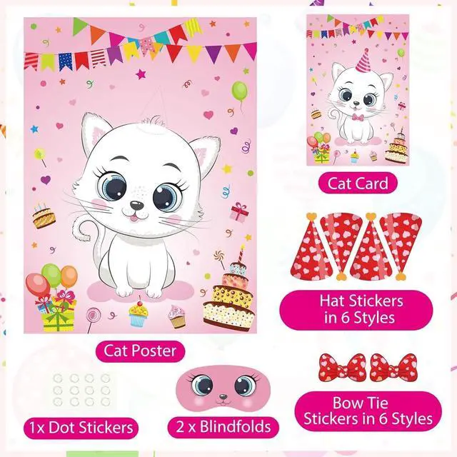 Alt view image 3 of 6 - Cat Party Game for Kids Pin The Hat Bow Tie on The Cat Birthday Game Poster for Boy Girl Birthday Summer Party Favors Wall Decorations Classroom Activities