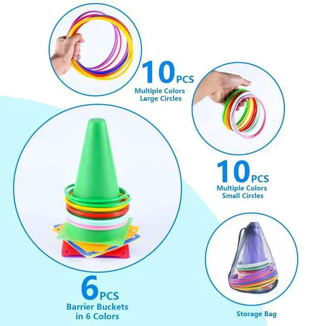 Alt view image 3 of 7 - 26 Pcs Plastic Colorful Cones Ring Toss Combo Set Outdoor Carnival Games for Kids Adults Birthday Party Throwing Backyard Games
