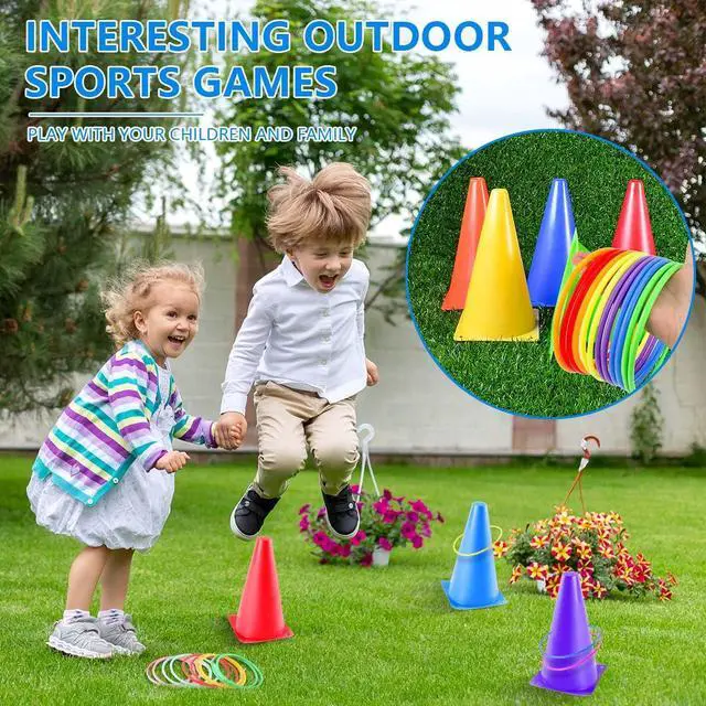 Alt view image 5 of 7 - 26 Pcs Plastic Colorful Cones Ring Toss Combo Set Outdoor Carnival Games for Kids Adults Birthday Party Throwing Backyard Games